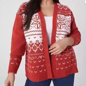 Lane Bryant Classic Fair Isle Cardigan Sweater Women's 26/28 Red White Snowflake